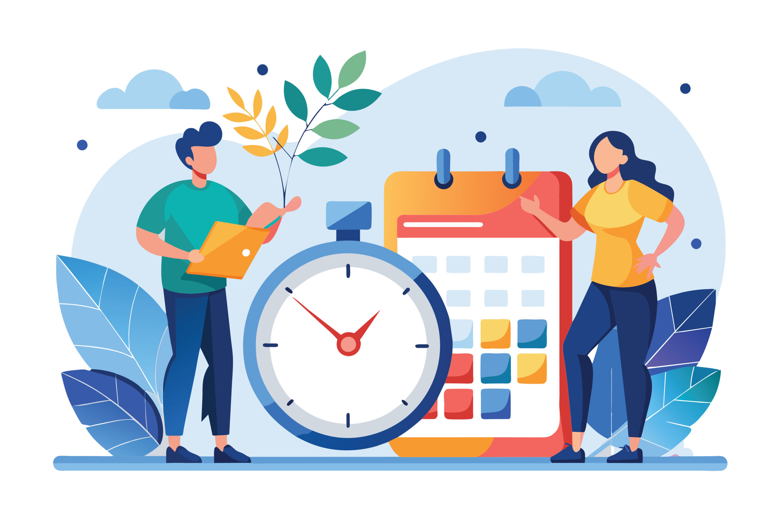 Two individuals standing beside a massive clock in a public space, Two people with time and calendar trending, Simple and minimalist flat Vector Illustration Illustrative photo